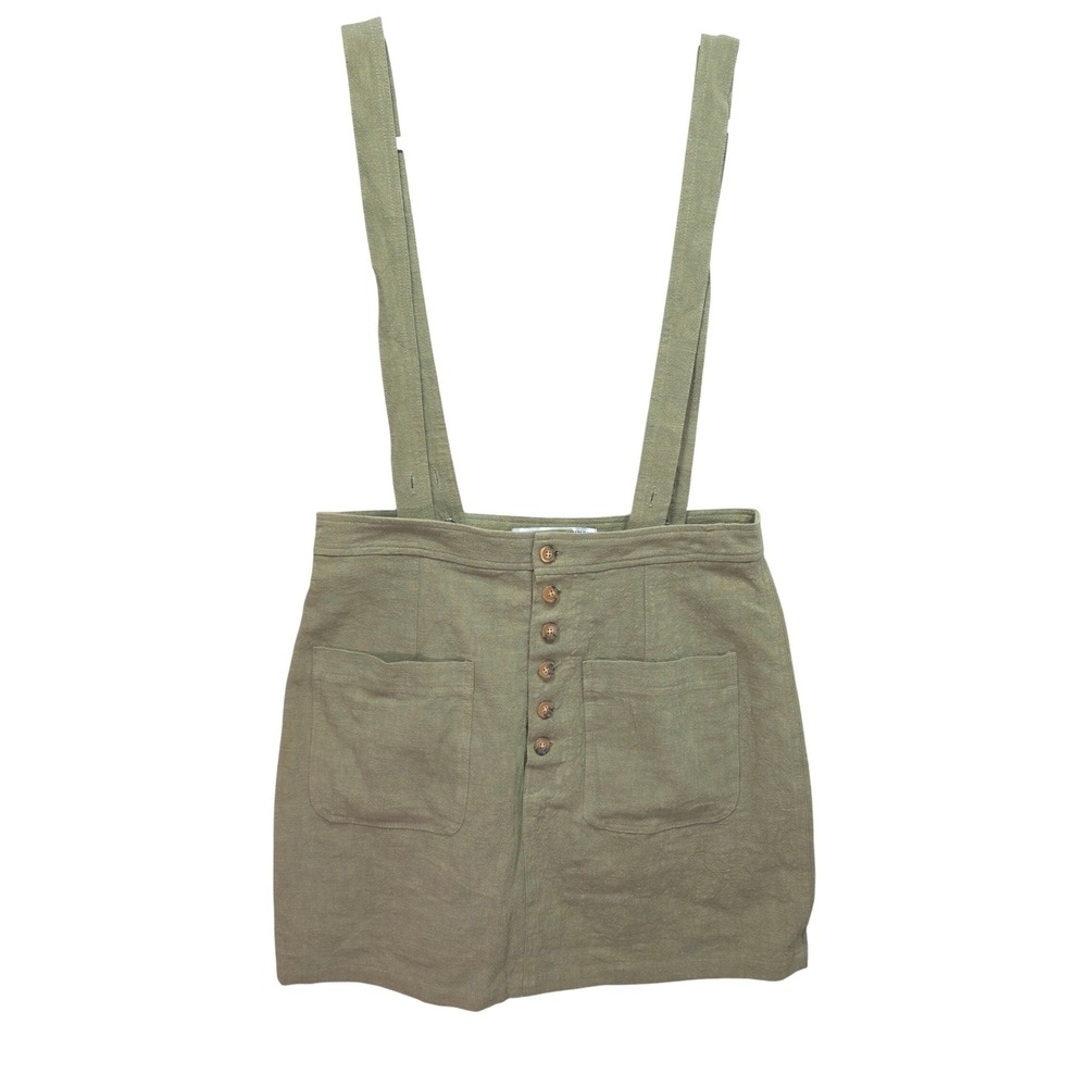 Hyfve Anthro Linen Pinafore Overall Mini Skirt Button Front Womens L Olive Green